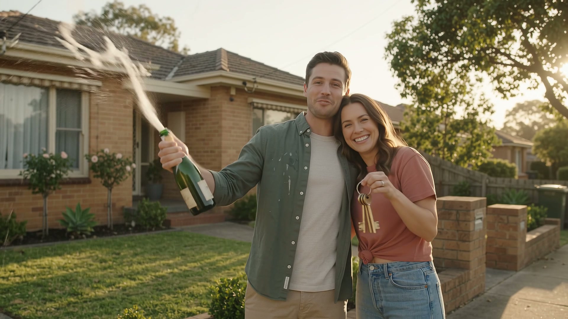 First-home buyers celebrating with champagne and their house keys outside their new home